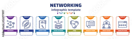 infographic template with icons and 8 options or steps. infographic for networking concept. included distribute, backlink, contact book, school network, arms, domestic phone, group avatar, stars