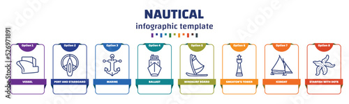 infographic template with icons and 8 options or steps. infographic for nautical concept. included vessel, port and starboard, marine, ballast, windsurf board, smeaton's tower, iceboat, starfish