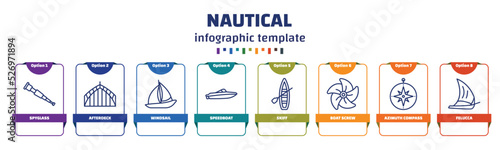 infographic template with icons and 8 options or steps. infographic for nautical concept. included spyglass, afterdeck, windsail, speedboat, skiff, boat screw, azimuth compass, felucca icons.