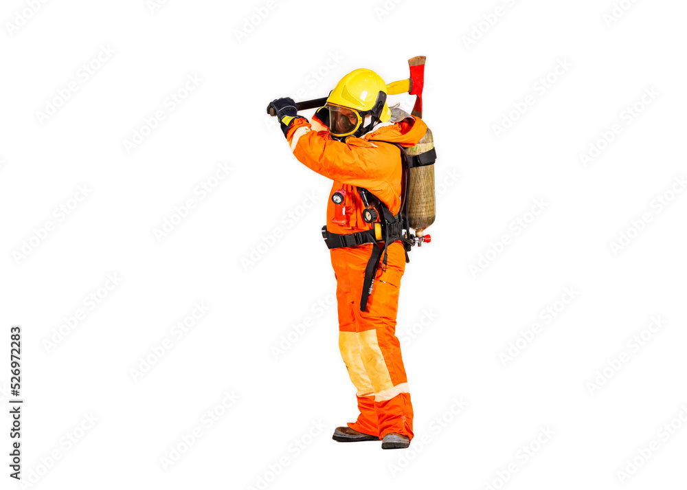 Firefighter man wearing protective fire suite and helmet with equipment and accessories is fire safety accident protection with white background. Firefighter man wearing protective fire suite and helmet with equipment and accessories is fire safety accident protection with white background.