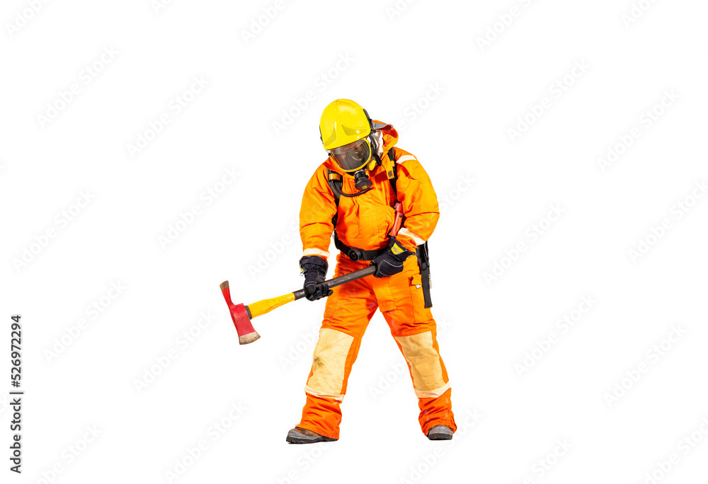 Firefighter man wearing protective fire suite and helmet with equipment and accessories is fire safety accident protection with white background. Firefighter man wearing protective fire suite and helmet with equipment and accessories is fire safety accident protection with white background.
