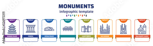 infographic template with icons and 8 options or steps. infographic for monuments concept. included summer palace, pompeii, potala palace, , luxor temple, blue mosque, blue domed church