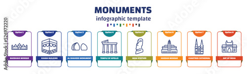 infographic template with icons and 8 options or steps. infographic for monuments concept. included badshahi mosque, kaaba building, al shaheed monument, temple of apollo, moia statues, hassan photo