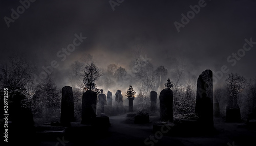 cemetery with pumpkins illustration for halloween.3D illustration.Digital painting.