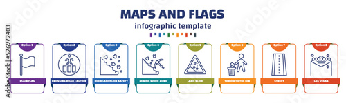 infographic template with icons and 8 options or steps. infographic for maps and flags concept. included plain flag, crossing road caution, rock landslide safety, mining work zone, land slide, throw