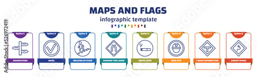 infographic template with icons and 8 options or steps. infographic for maps and flags concept. included divarication, mark, walking up stair, narrow two lanes, smoke zone, mine site, t road