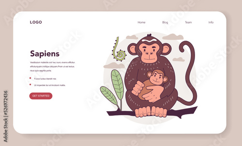 Wild monkey with a baby. Human evolution theory. Humanity ancestors