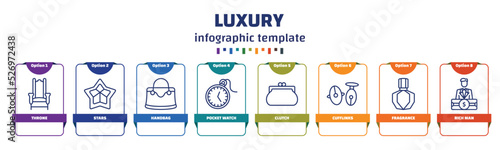 infographic template with icons and 8 options or steps. infographic for luxury concept. included throne, stars, handbag, pocket watch, clutch, cufflinks, fragrance, rich man icons.