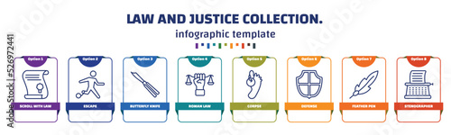 infographic template with icons and 8 options or steps. infographic for law and justice collection. concept. included scroll with law, escape, butterfly knife, roman law, corpse, defense, feather