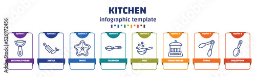 infographic template with icons and 8 options or steps. infographic for kitchen concept. included vegetable peeler, zester, trivet, teaspoon, wok, yogurt maker, tongs, tablespoon icons.