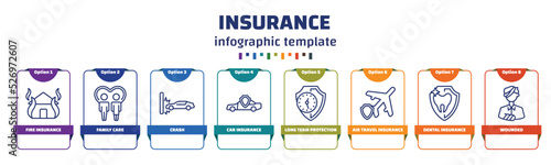 infographic template with icons and 8 options or steps. infographic for insurance concept. included fire insurance, family care, crash, car insurance, long term protection, air travel dental wounded