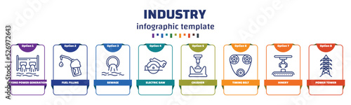 infographic template with icons and 8 options or steps. infographic for industry concept. included hydro power generation, fuel filling, sewage, electric saw, crusher, timing belt, hinery, power