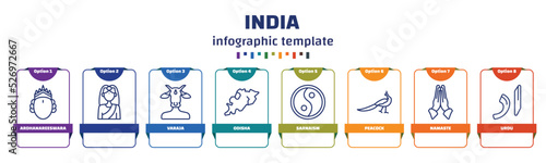 infographic template with icons and 8 options or steps. infographic for india concept. included ardhanareeswara, , varaja, odisha, sarnaism, peacock, namaste, urdu icons.