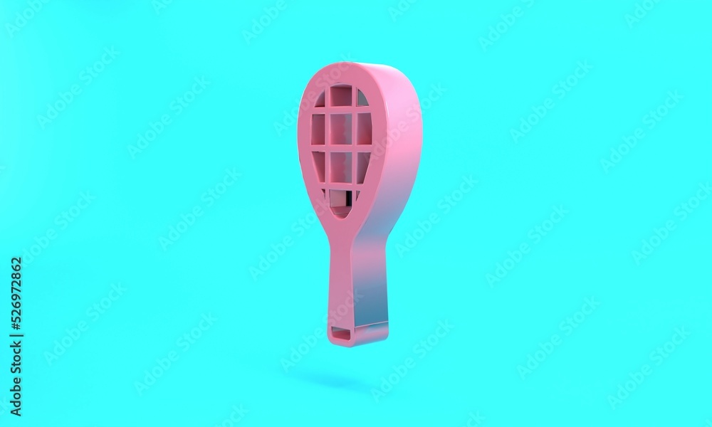 Pink Tennis racket icon isolated on turquoise blue background. Sport equipment. Minimalism concept. 3D render illustration Pink Tennis racket icon isolated on turquoise blue background. Sport equipment. Minimalism concept. 3D render illustration