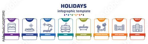 infographic template with icons and 8 options or steps. infographic for holidays concept. included bed, sunbathing, sunbath, basin, bathtube, hammock relaxing, hotel building, hotels icons.