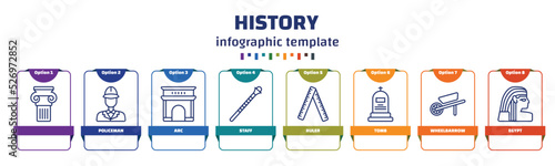 infographic template with icons and 8 options or steps. infographic for history concept. included , policeman, arc, staff, ruler, tomb, wheelbarrow, egypt icons.