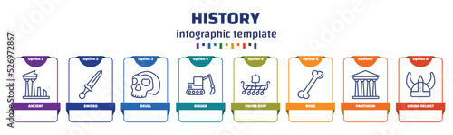 infographic template with icons and 8 options or steps. infographic for history concept. included ancient, sword, skull, digger, viking ship, bone, pantheon, viking helmet icons.