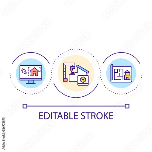 Software for architectural projects loop concept icon. Building technology. Accurate drawings abstract idea thin line illustration. Isolated outline drawing. Editable stroke. Arial font used
