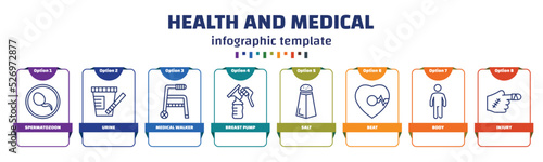 infographic template with icons and 8 options or steps. infographic for health and medical concept. included spermatozoon, urine, medical walker, breast pump, salt, beat, body, injury icons.