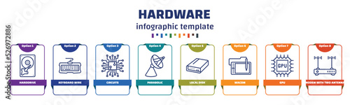 infographic template with icons and 8 options or steps. infographic for hardware concept. included harddrive, keyboard wire, circuits, parabolic, local disk, wacom, gpu, modem with two antenna