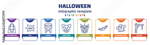 infographic template with icons and 8 options or steps. infographic for halloween concept. included halloween bag, boo, pillory, clown smile, haunted house, bats, halloween ghost, gallows icons.