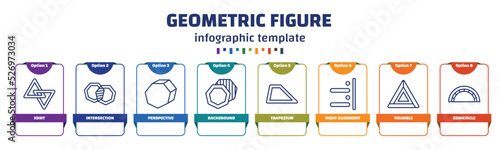 infographic template with icons and 8 options or steps. infographic for geometric figure concept. included joint, intersection, perspective, background, trapezium, right alignment, triangle,
