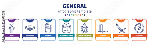 infographic template with icons and 8 options or steps. infographic for general concept. included poor, head mirror, yearbook, gift box with ribbon, analog stopwatch, fretsaw, deckchair, cd record