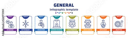 infographic template with icons and 8 options or steps. infographic for general concept. included hr manager, bio technology, hr solutions, business incubator, data engineering, digital banking,