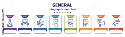 infographic template with icons and 8 options or steps. infographic for general concept. included chemical lab, ar app, bpm, edge computing, ar graph, e-privacy, direct marketing, agitation icons.