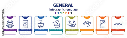 infographic template with icons and 8 options or steps. infographic for general concept. included group opinion, digital product, coworking, ecommerce solutions, affiliate link, , in-game