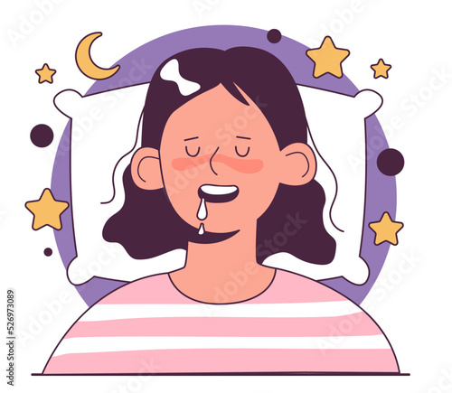 Drooling during sleep. Female character sleeping with her mouth