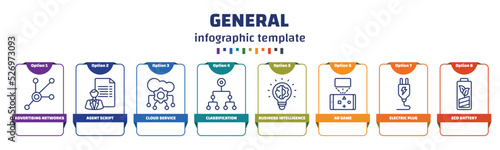 infographic template with icons and 8 options or steps. infographic for general concept. included advertising networks, agent script, cloud service, classification, business intelligence, ar game,