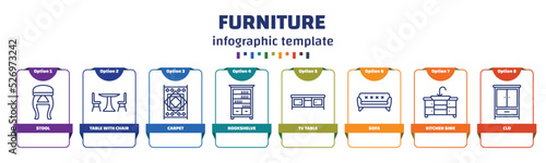 infographic template with icons and 8 options or steps. infographic for furniture concept. included stool, table with chair, carpet, bookshelve, tv table, sofa, kitchen sink, clo icons.