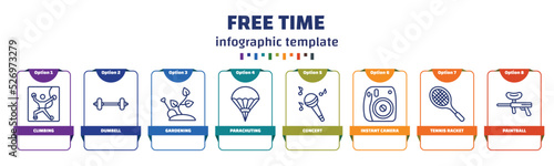 infographic template with icons and 8 options or steps. infographic for free time concept. included climbing, dumbell, gardening, parachuting, concert, instant camera, tennis racket, paintball