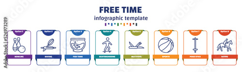 infographic template with icons and 8 options or steps. infographic for free time concept. included bowling, baking, fish tank, skateboarding, multitool, sports, pogo stick, riding icons.
