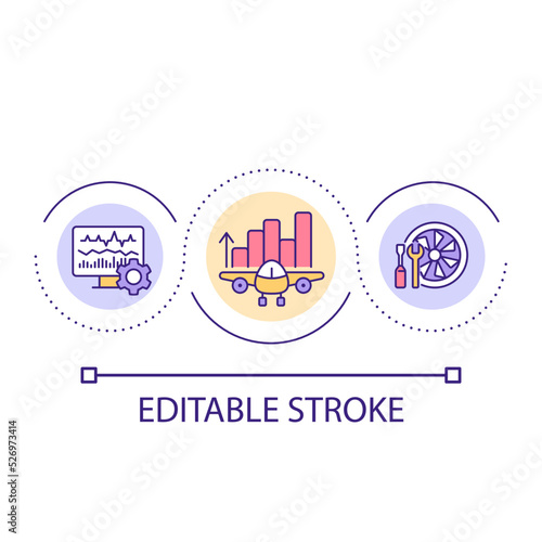 Airplanes maintenance service loop concept icon. Aircraft usage analytics. Industry abstract idea thin line illustration. Isolated outline drawing. Editable stroke. Arial font used