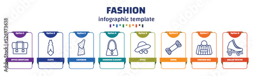 infographic template with icons and 8 options or steps. infographic for fashion concept. included office briefcase, cloth, caveman, handbag elegant de, style, skein, fashion bag, roller skater