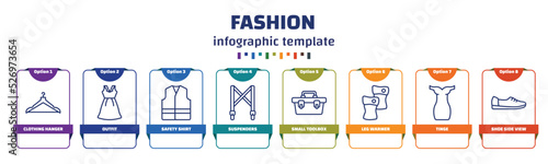 infographic template with icons and 8 options or steps. infographic for fashion concept. included clothing hanger, outfit, safety shirt, suspenders, small toolbox, leg warmer, tinge, shoe side view