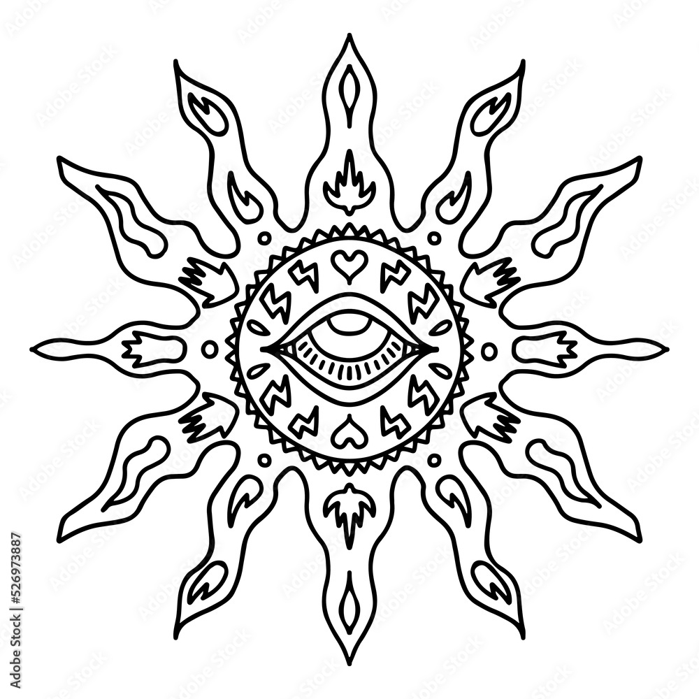 Esoteric mandala line art illustration. Vector sun with the third eye