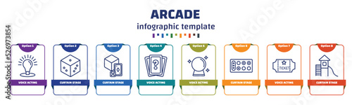 infographic template with icons and 8 options or steps. infographic for arcade concept. included voice acting, curtain stage, curtain stage, voice acting, voice acting, curtain stage, icons.