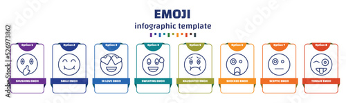 infographic template with icons and 8 options or steps. infographic for emoji concept. included shushing emoji, smile emoji, in love sweating nauseated shocked sceptic tongue icons.