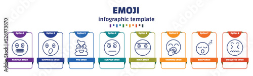 infographic template with icons and 8 options or steps. infographic for emoji concept. included nervous emoji, surprised emoji, poo suspect ninja yawning sleep disgusted icons.