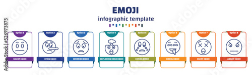 infographic template with icons and 8 options or steps. infographic for emoji concept. included silent emoji, lying emoji, worried exploding head crying drool dizzy angry icons.