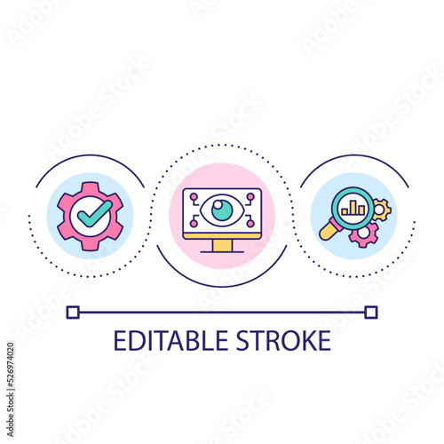 Digital monitoring system loop concept icon. Computer analysing data. Forecast making abstract idea thin line illustration. Isolated outline drawing. Editable stroke. Arial font used