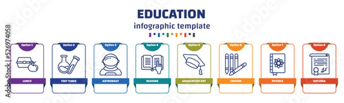 infographic template with icons and 8 options or steps. infographic for education concept. included lunch, test tubes, astronaut, reading, graduation hat, crayon, physics, diploma icons.