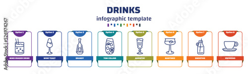 infographic template with icons and 8 options or steps. infographic for drinks concept. included mind eraser drink, wine toast, brandy, tom collins, absinthe, martinez, smoothie, espresso icons.
