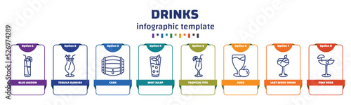 infographic template with icons and 8 options or steps. infographic for drinks concept. included blue lagoon, tequila sunrise, cask, mint julep, tropical itch, juice, last word drink, pink rose