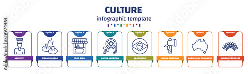 infographic template with icons and 8 options or steps. infographic for culture concept. included nefertiti, steamed bread, food stall, native american drum, brazil flag, native american axes,