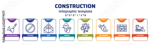 infographic template with icons and 8 options or steps. infographic for construction concept. included sweeping broom, stopping, joist, grinder, tool bag, angle grinder, birck wall, bulldozer icons.