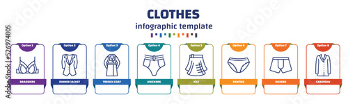 infographic template with icons and 8 options or steps. infographic for clothes concept. included brassiere, dinner jacket, trench coat, knickers, kilt, panties, boxers, cardigan icons.